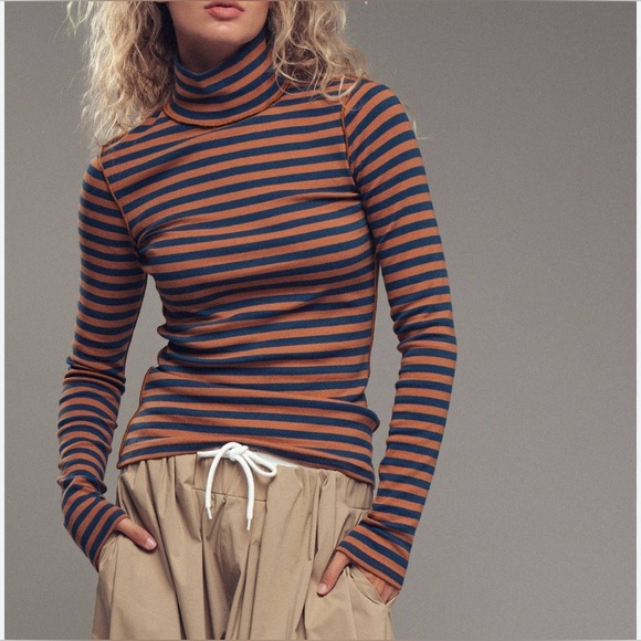 Yumi Day Striped Navy and Rust/Brown Turtleneck Top XL - Picture 2 of 12